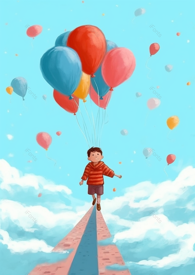 小朋友手拿气球插画艺术手绘图蓝色卡通背景,插画/手绘图,插画/手绘图库,插画/手绘图下载,插画/手绘